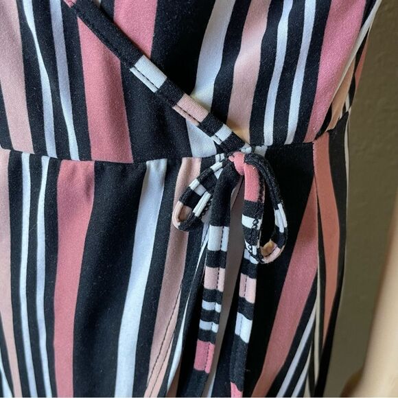 Bobbie Brooks Striped Faux Wrap MIDI Dress Mauve White Black Peach Size Large - Picture 4 of 10